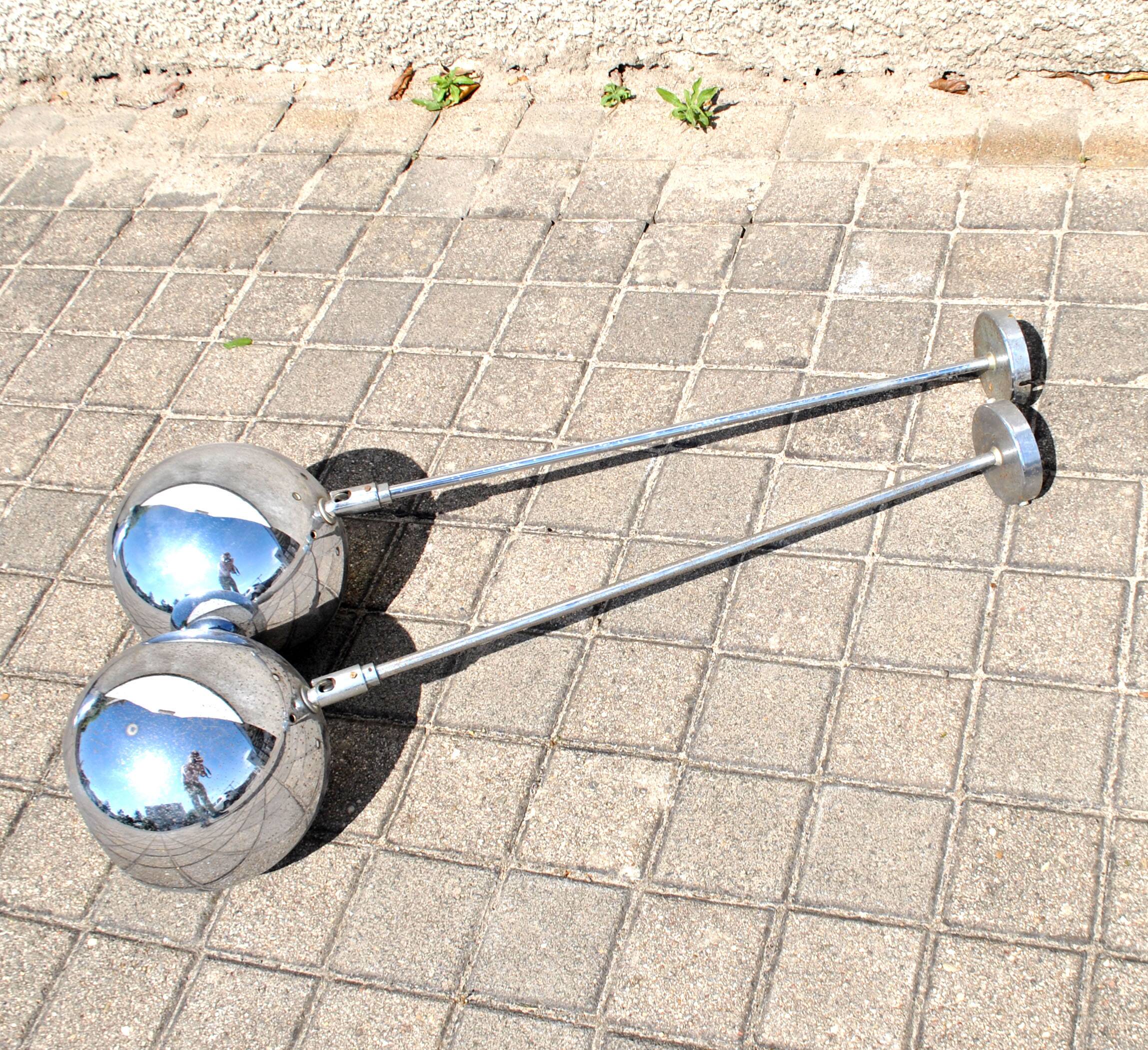 Set of 2 design ball lamps in chromed metal industrial pendant lights 1970