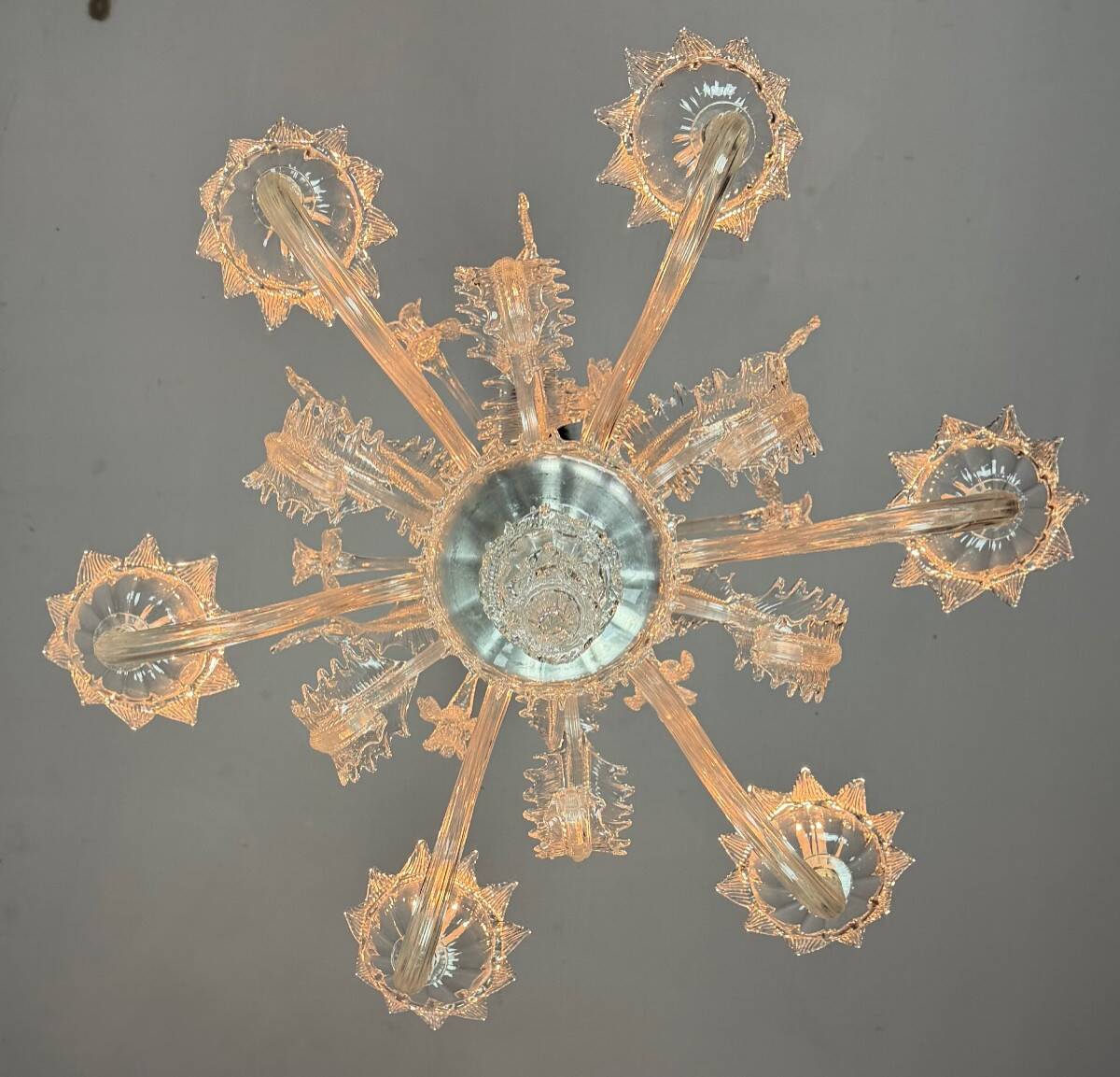 Venetian chandelier in colorless Murano glass with 6 light arms, circa 1930