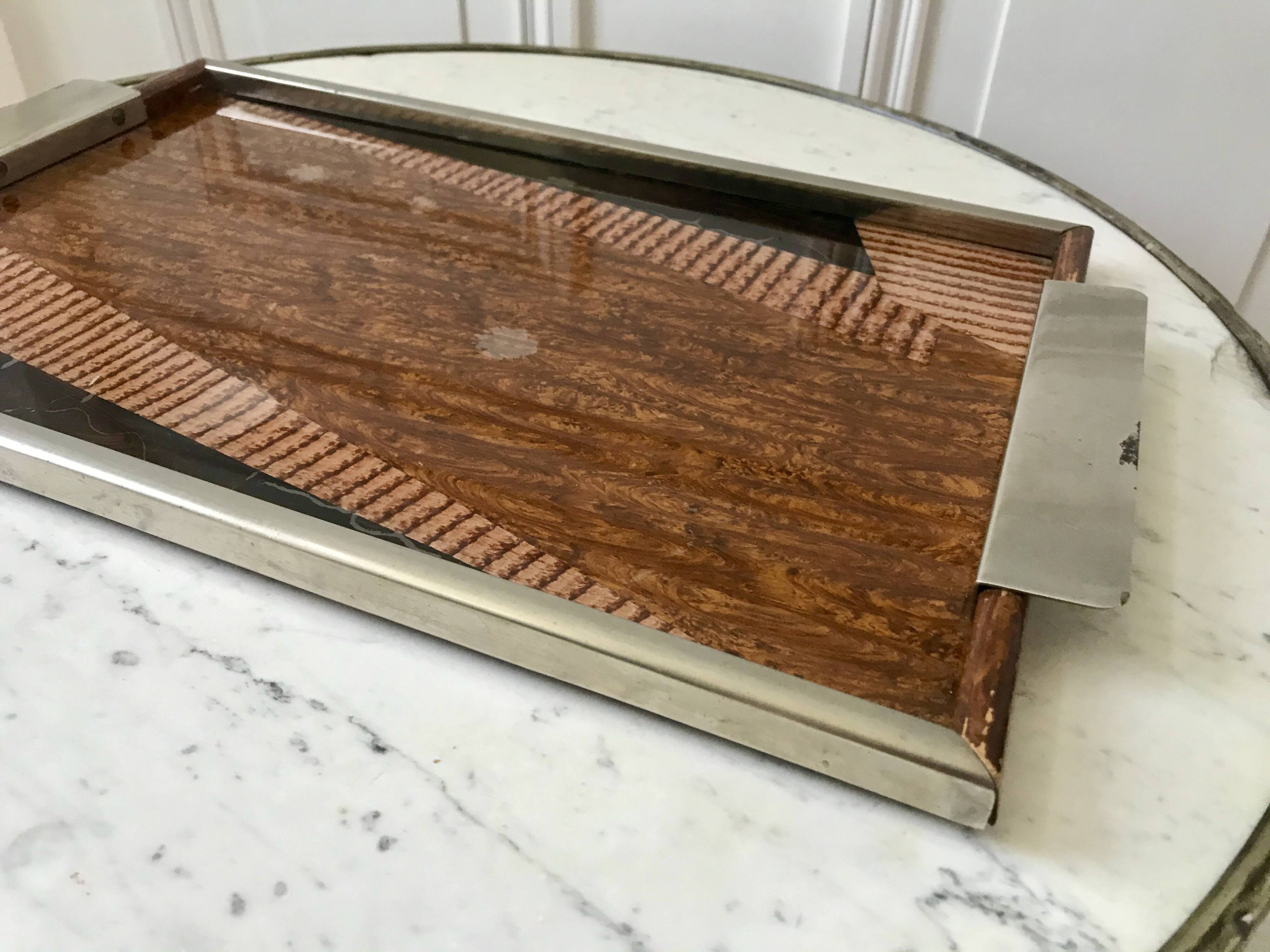 Plateau miroir en chrome, verre, bois et marqueterie années 60-70