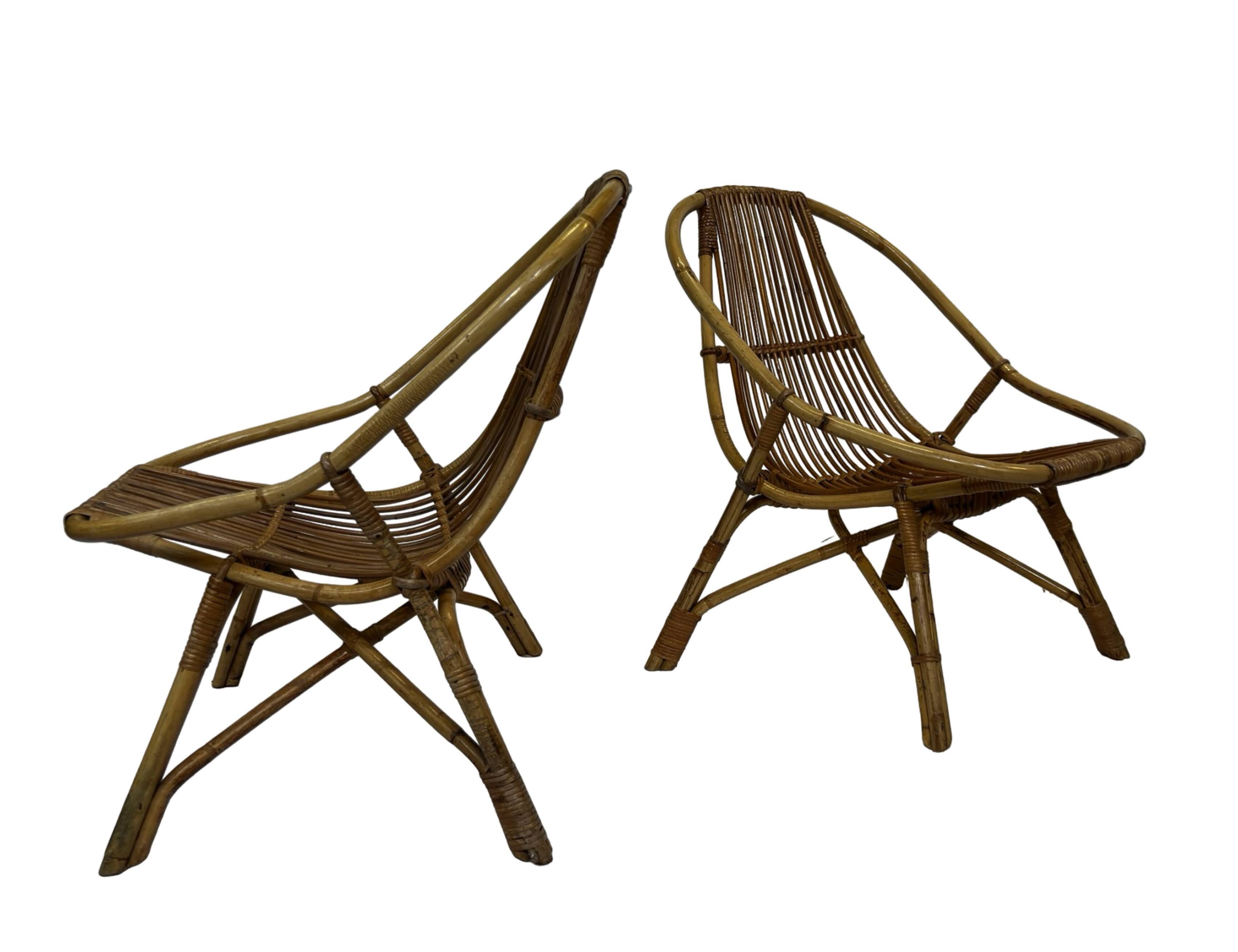 Ensemble vintage de 4 fauteuils club en rotin Rohe Noordwolde 1960