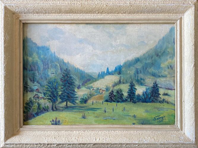 Tableau "Paysage de montagne" signé Sampic, artiste de l'Yonne 1952