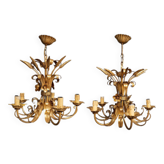 Pair of gilded metal chandeliers ears of wheat 1960