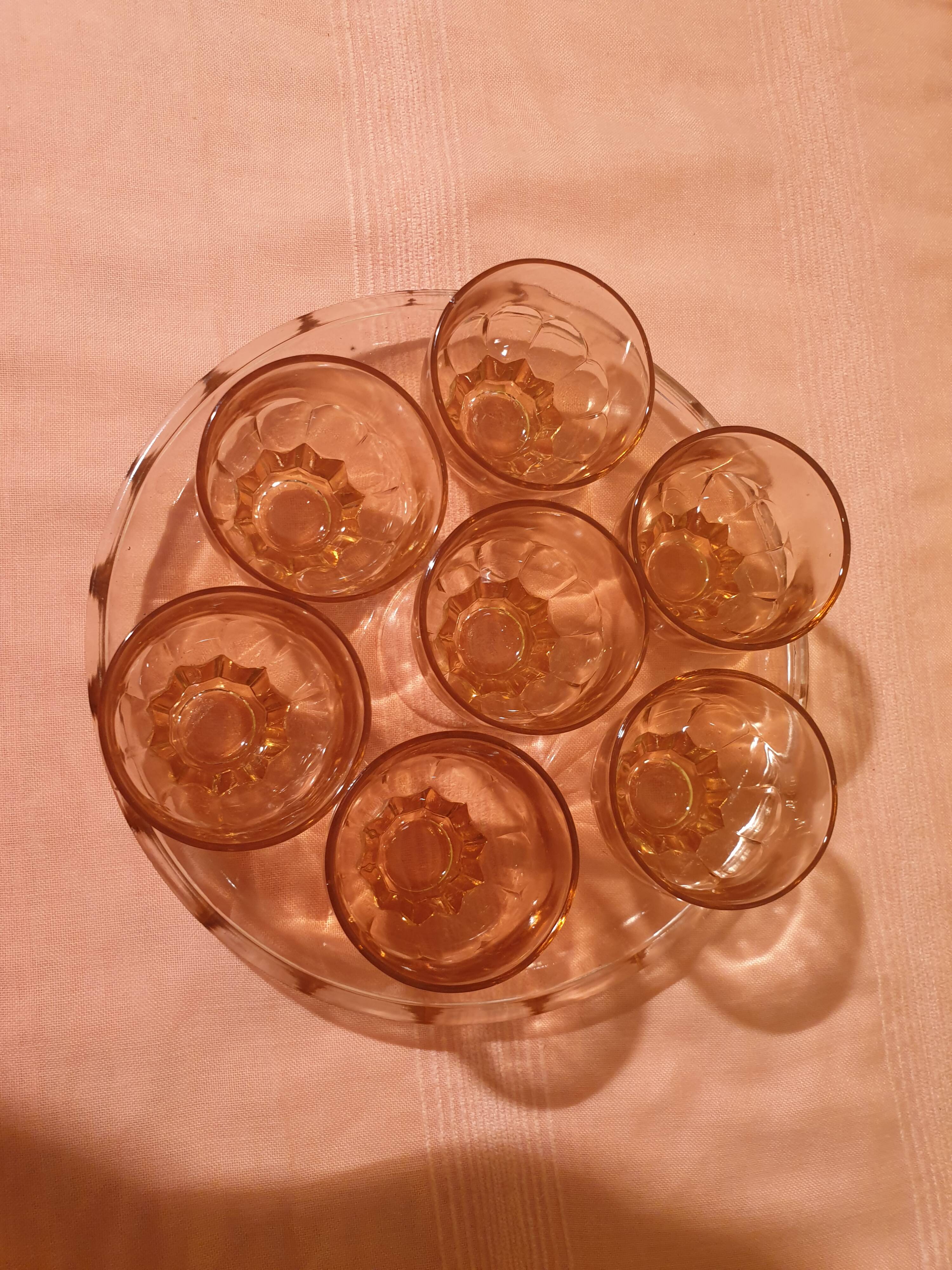 Art Deco pink glass tray and 7 glasses Made in France