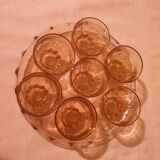 Art Deco pink glass tray and 7 glasses Made in France