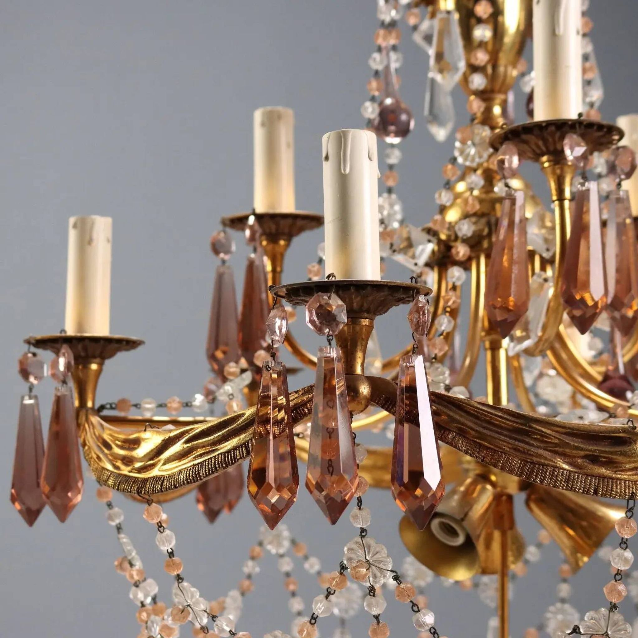 Antique bronze and crystal chandelier with 12 lights, Italy, 20th century.