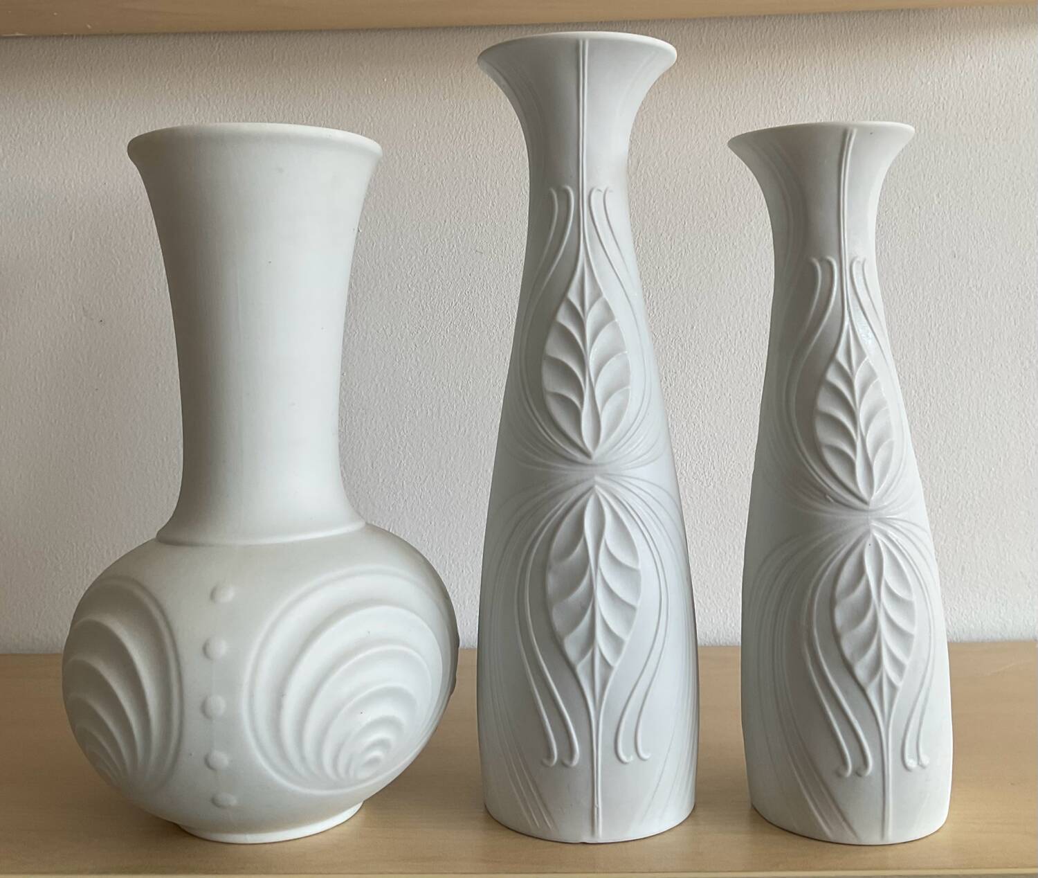 Trio of Op Art vases by KPM Germany in biscuit porcelain
