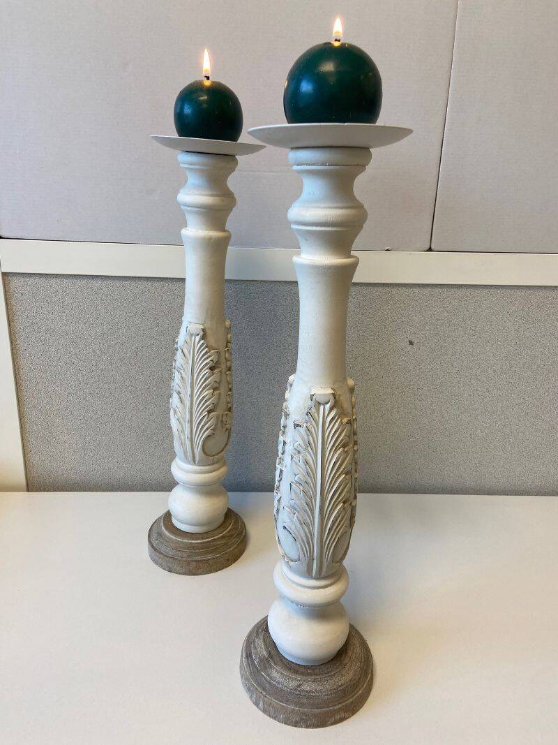 Pair of Candlesticks Candlesticks Turned Wood Carved Bleached Deco Art