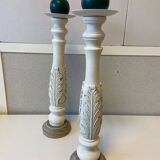 Pair of Candlesticks Candlesticks Turned Wood Carved Bleached Deco Art