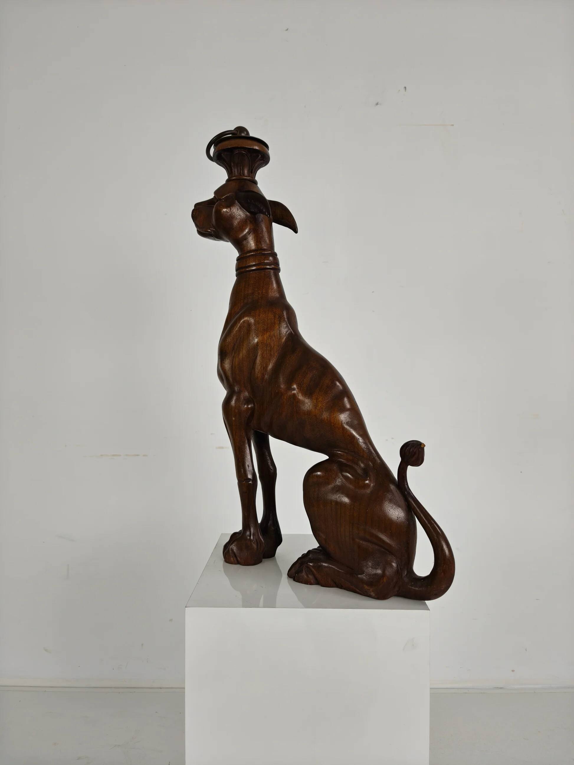 Hand-carved wooden greyhound statue - 20th century