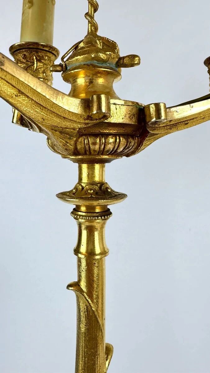 Pair of candelabra with a crane in gilded bronze, bamboo model.