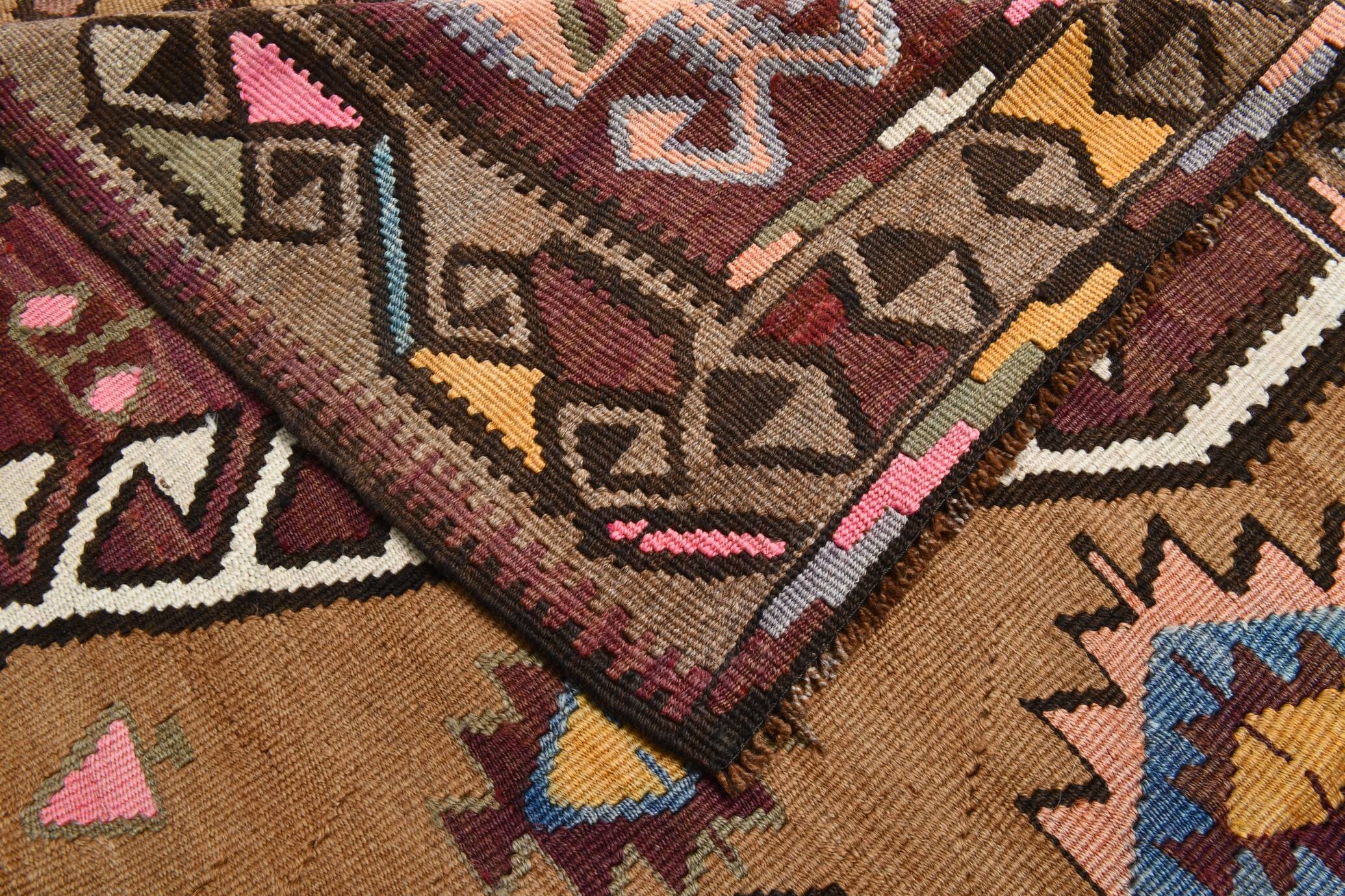 4x13 Kilim Long Wide Brown Handmade Turkish Kilim Runner Rug, 131x404 Cm