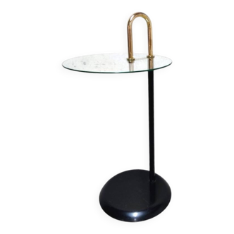Old designer side table in tempered glass and black and gold metal