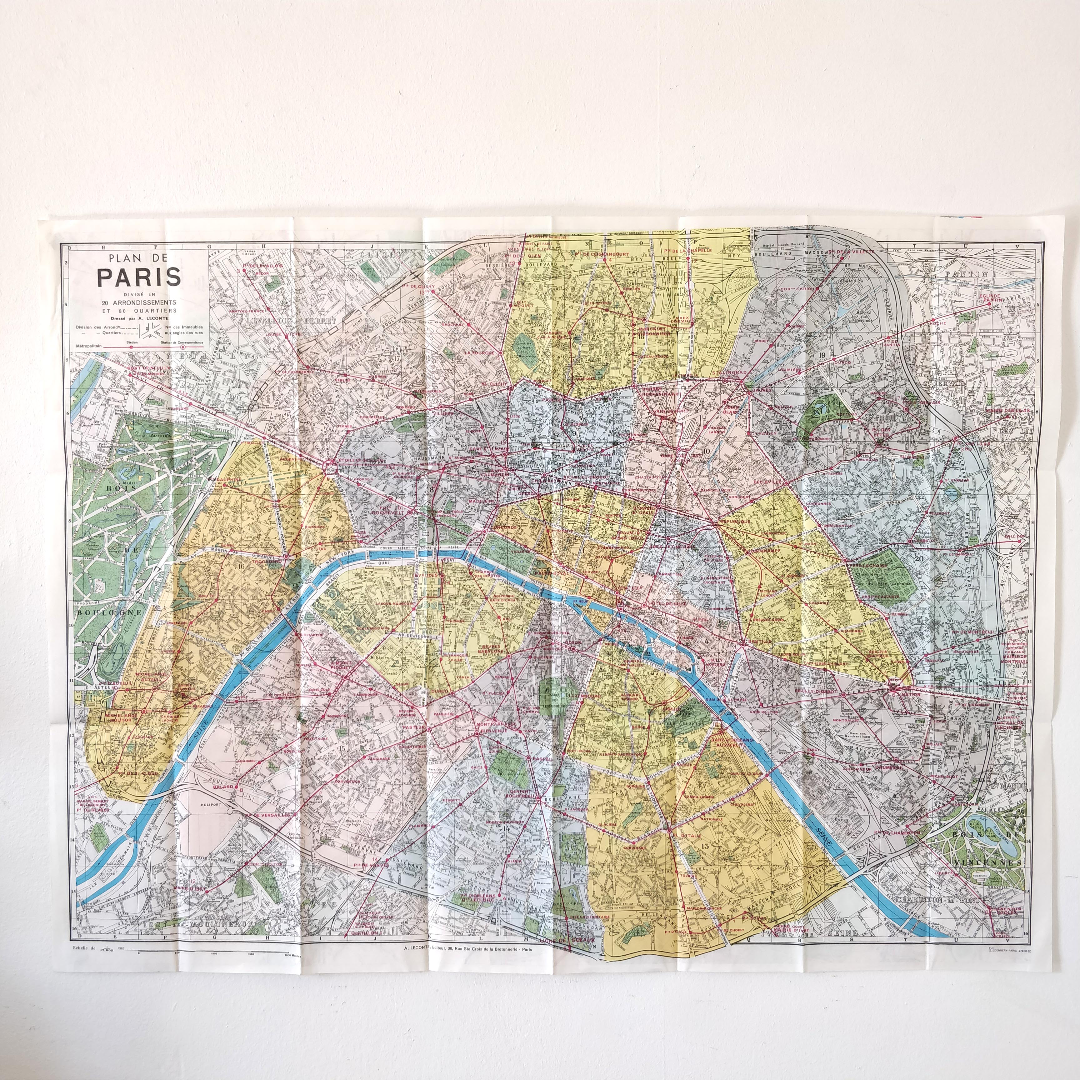 Map old Paris suburb 74x55cm edition A. Leconte 1970