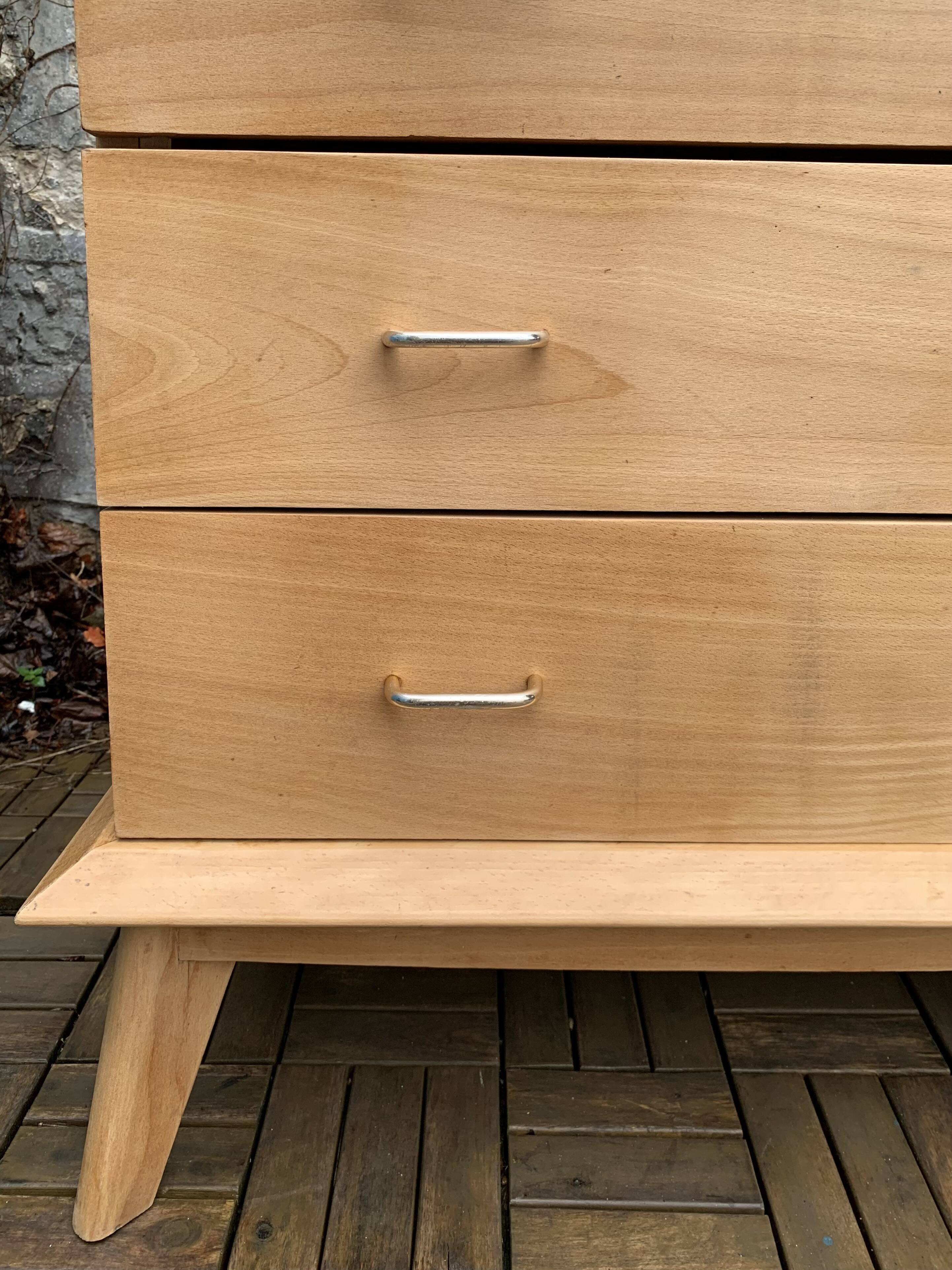 Vintage chest of drawers with compass feet, solid raw beech, 1960s
