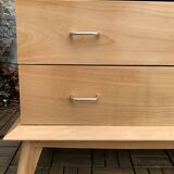 Vintage chest of drawers with compass feet, solid raw beech, 1960s