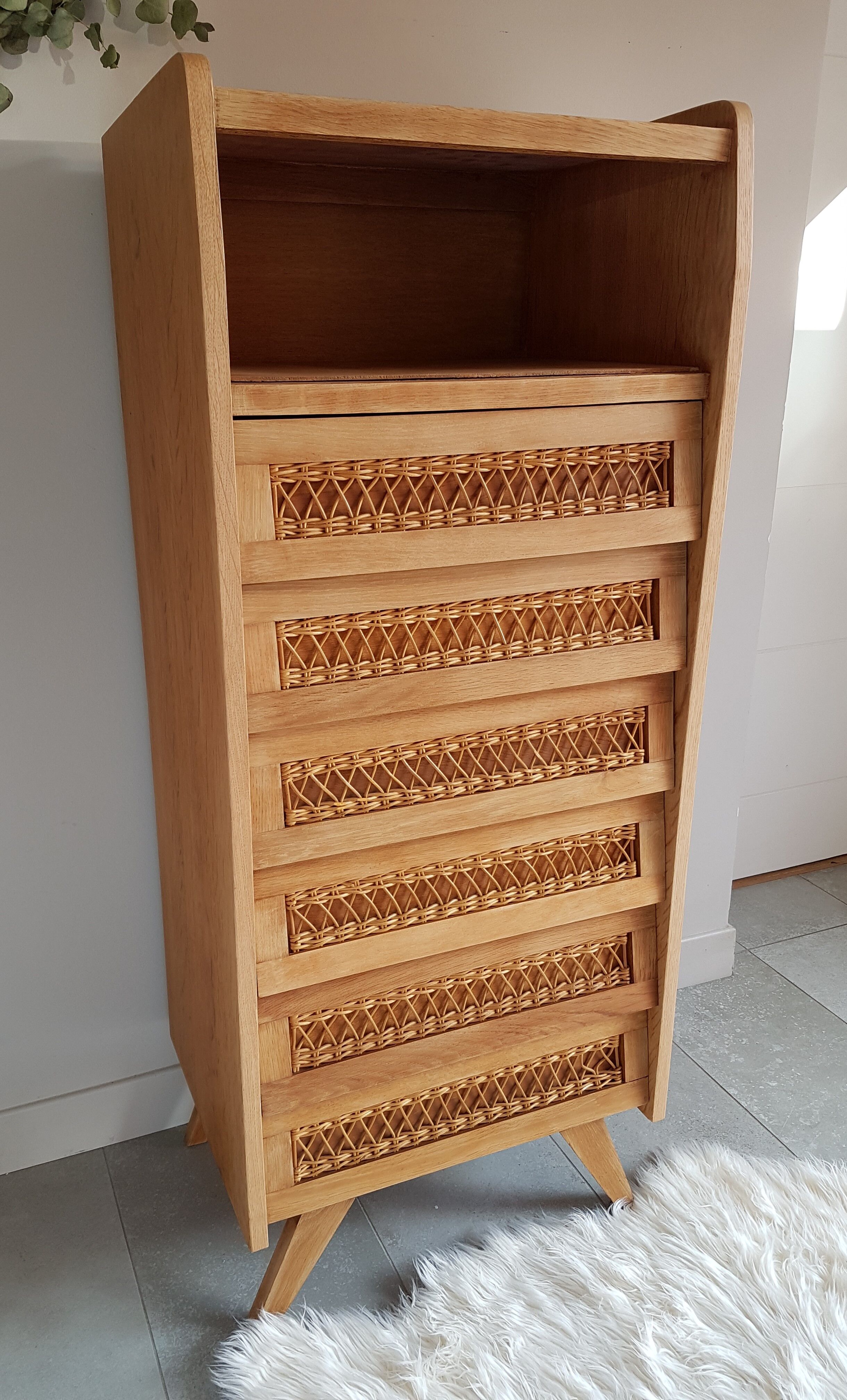 Wood and rattan restored chest of drawers