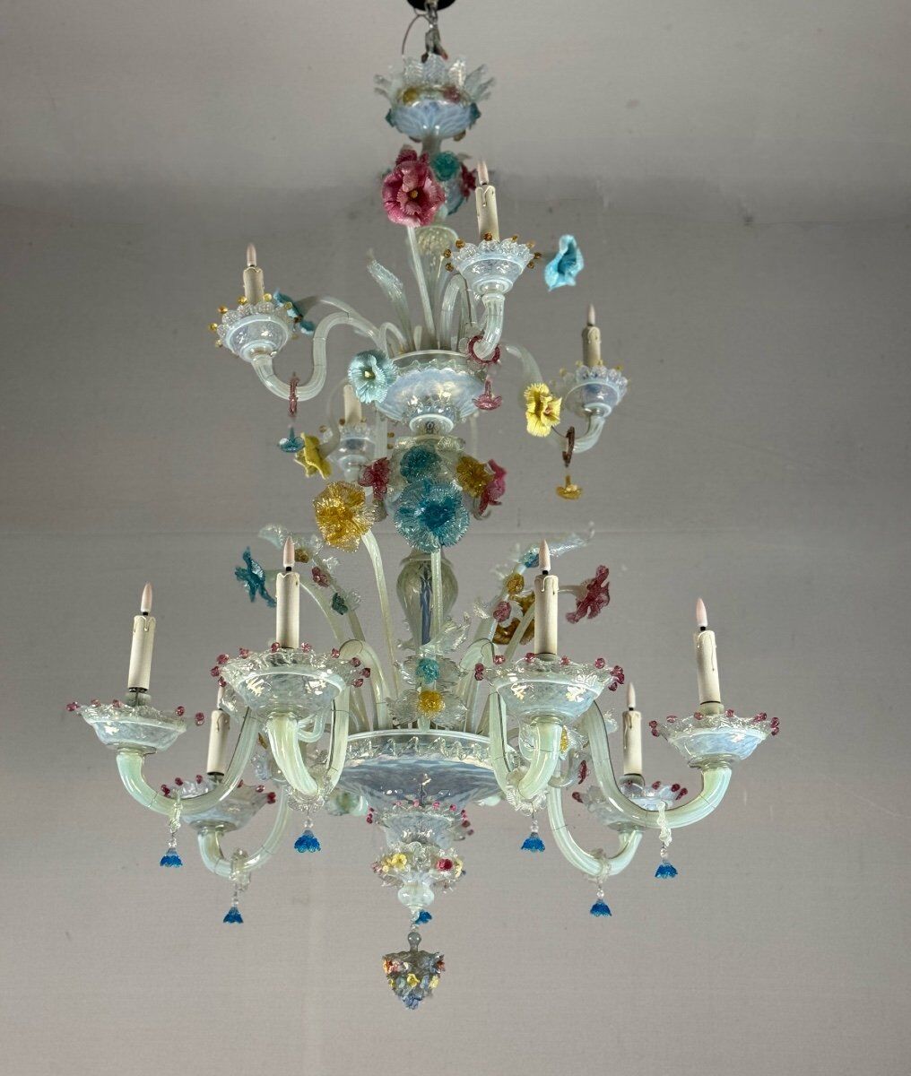 Venetian chandelier in multi-colored Murano glass, 11 light arms on two levels circa 1880