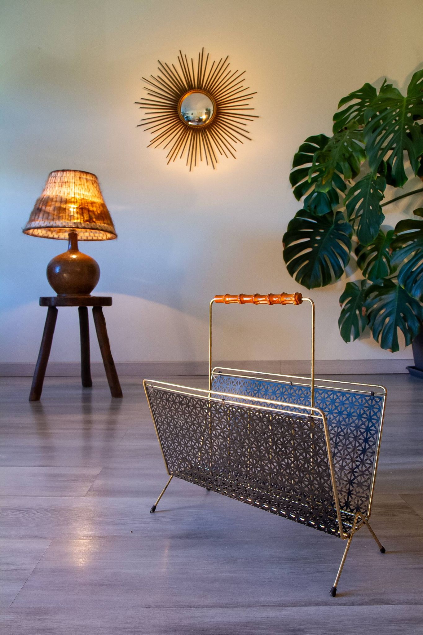 Magazine rack from the 1950s, perforated metal and bamboo.