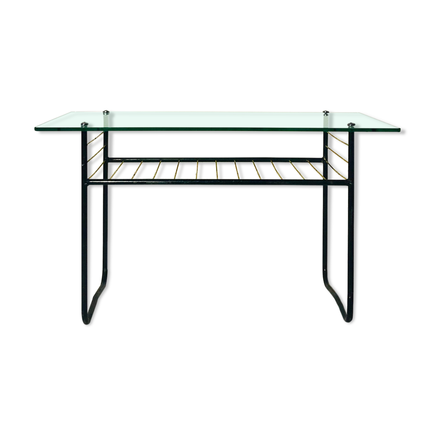 Vintage coffee table 1960 - scoubidou, black tubular metal and glass top