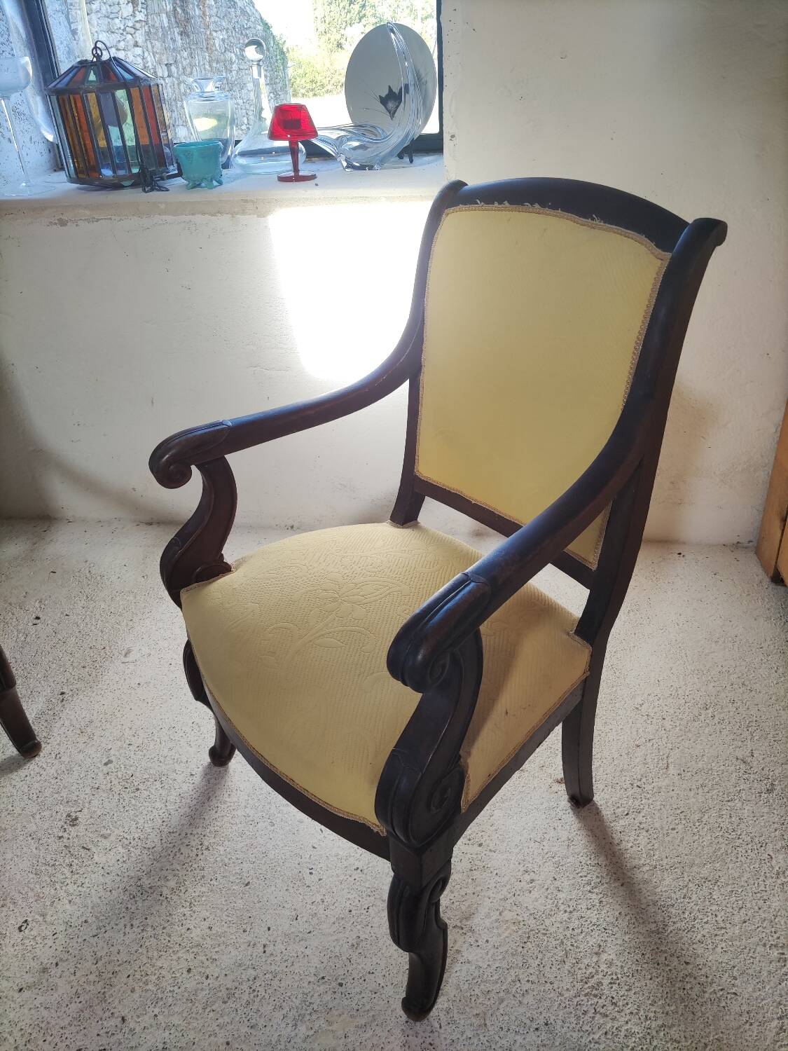 2 antique matching armchairs in wood and fabric