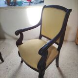 2 antique matching armchairs in wood and fabric
