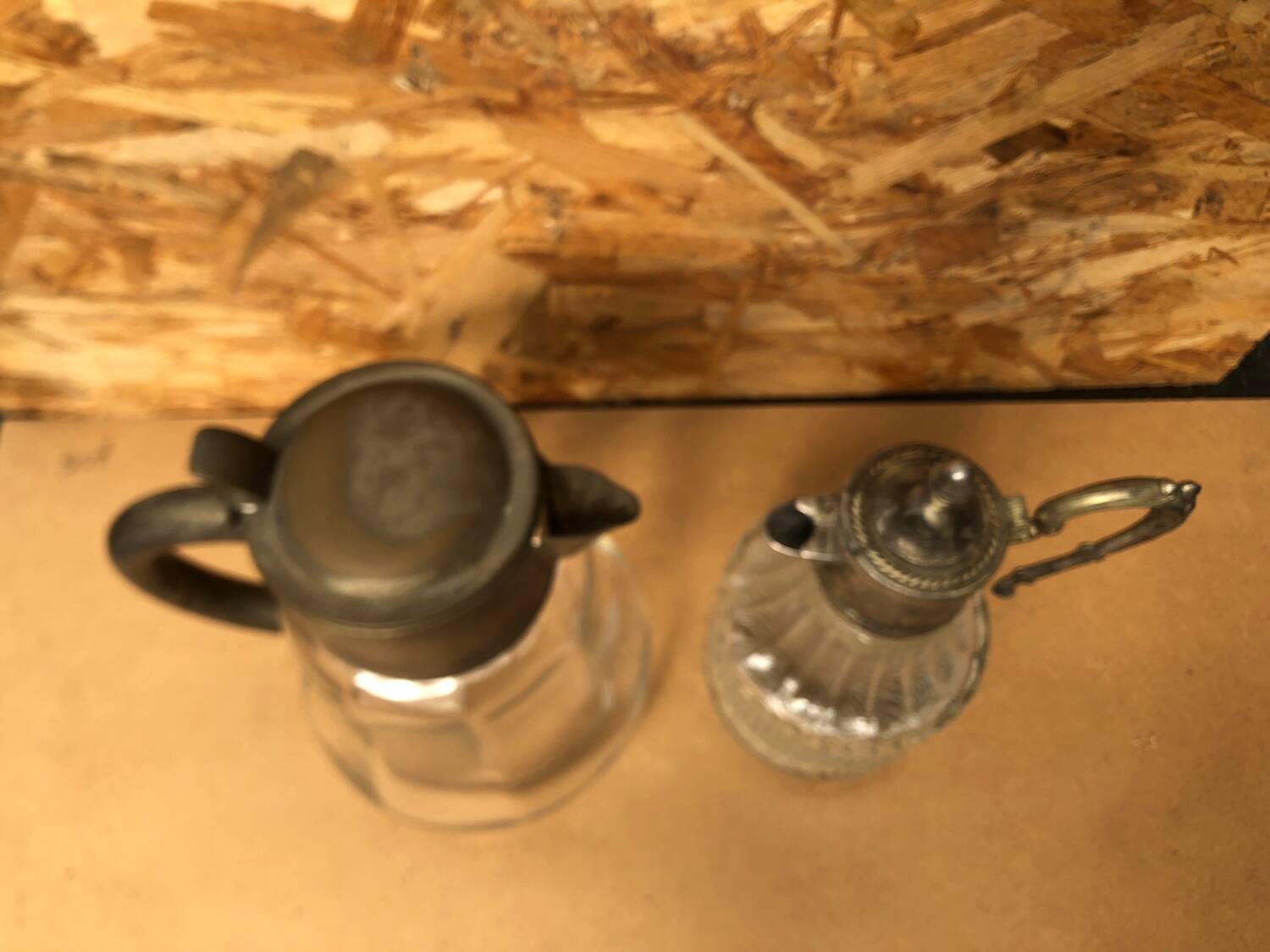 Pair of cast glass & vintage metal refresher pitcher