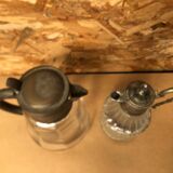 Pair of cast glass & vintage metal refresher pitcher