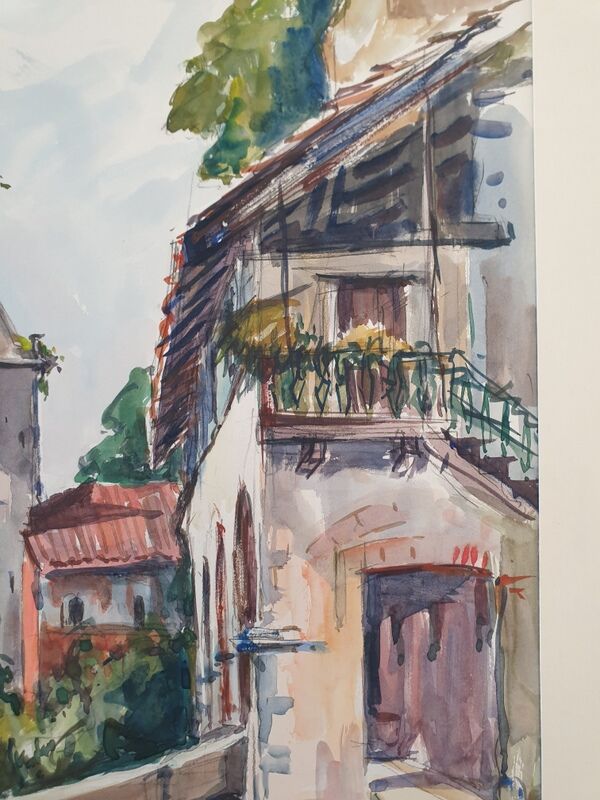 André Duculty (1912-1990) Watercolor on paper "Santa Caterina Del Sasso, Lake Maggiore, Italy" Signed