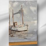 Peinture à l'huile encadrée originale signée "Quai de pêche port"