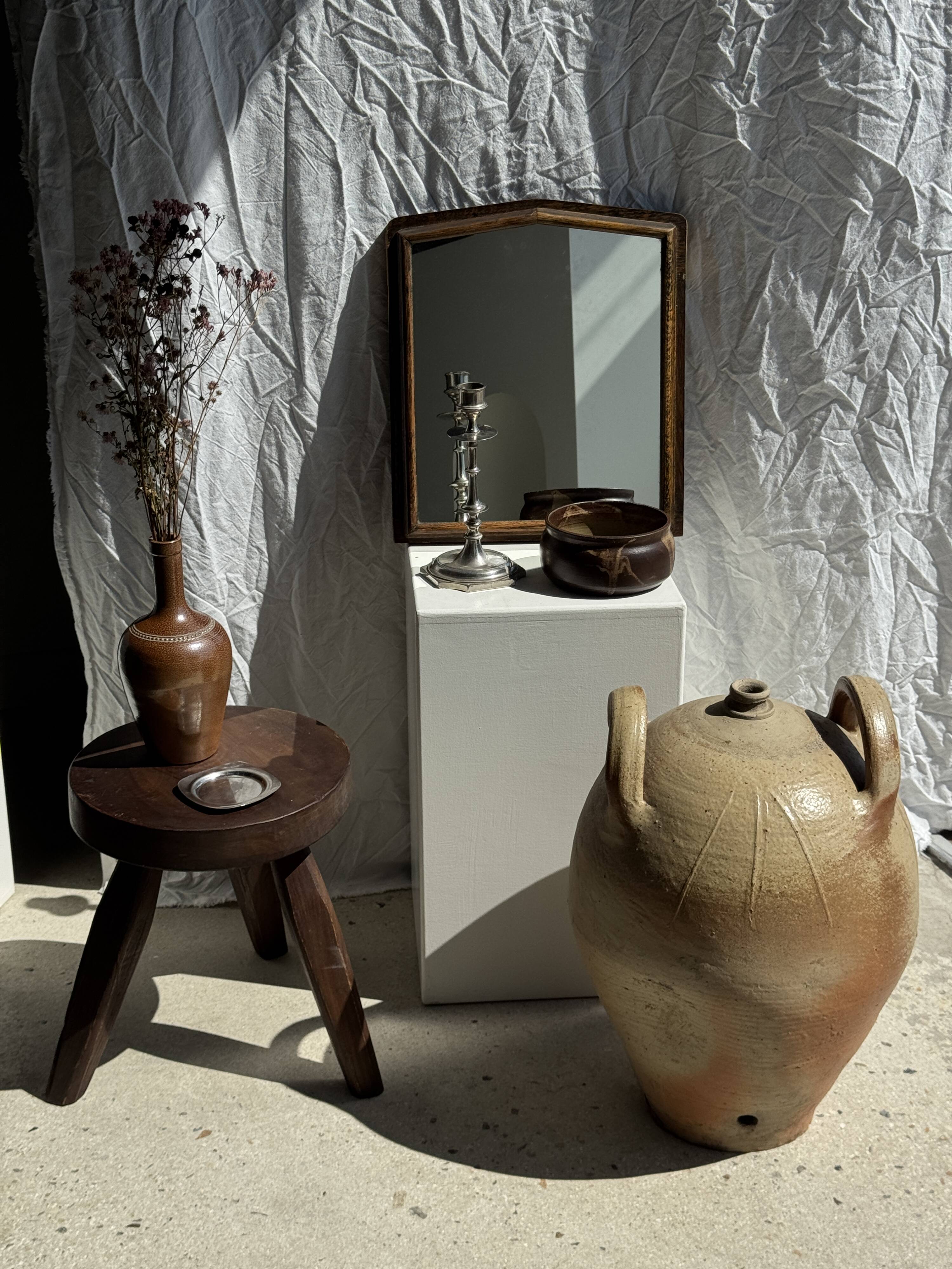 Small antique English rectangular mirror with pediment and oak frame