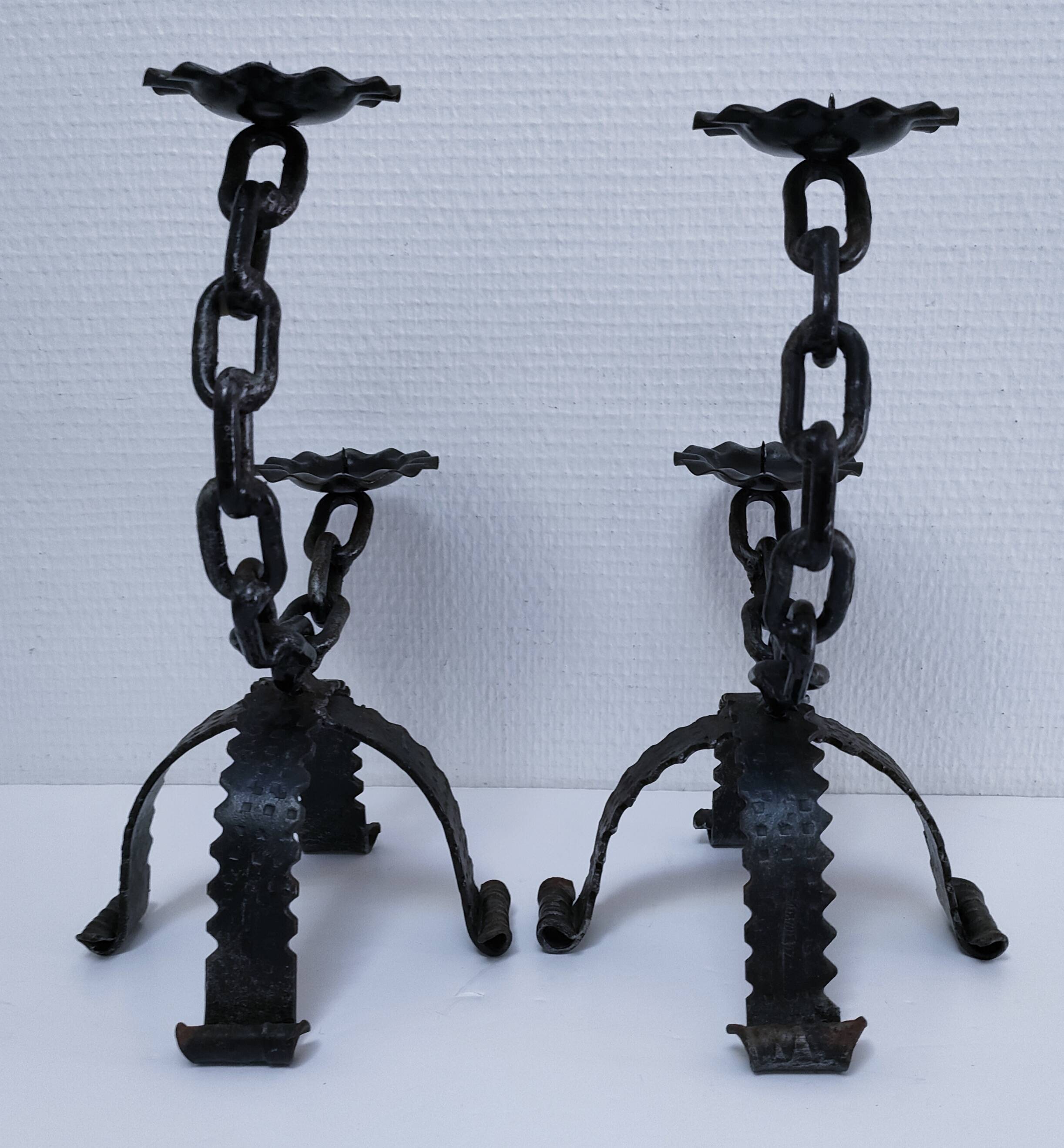 Pair of brutalist 60s metal chain candle holders