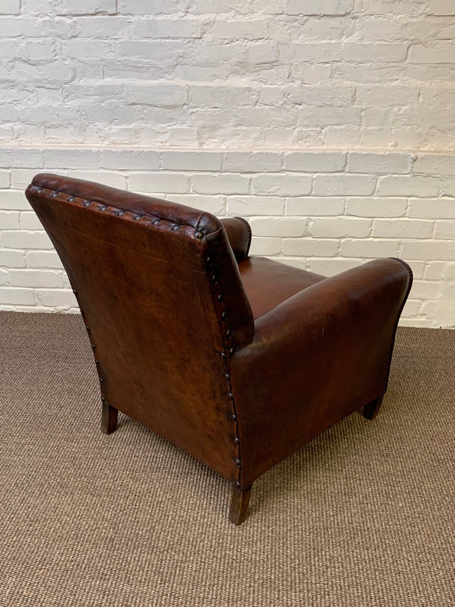 Antique Leather Club Chair, Normandy Model, Circa 1920's