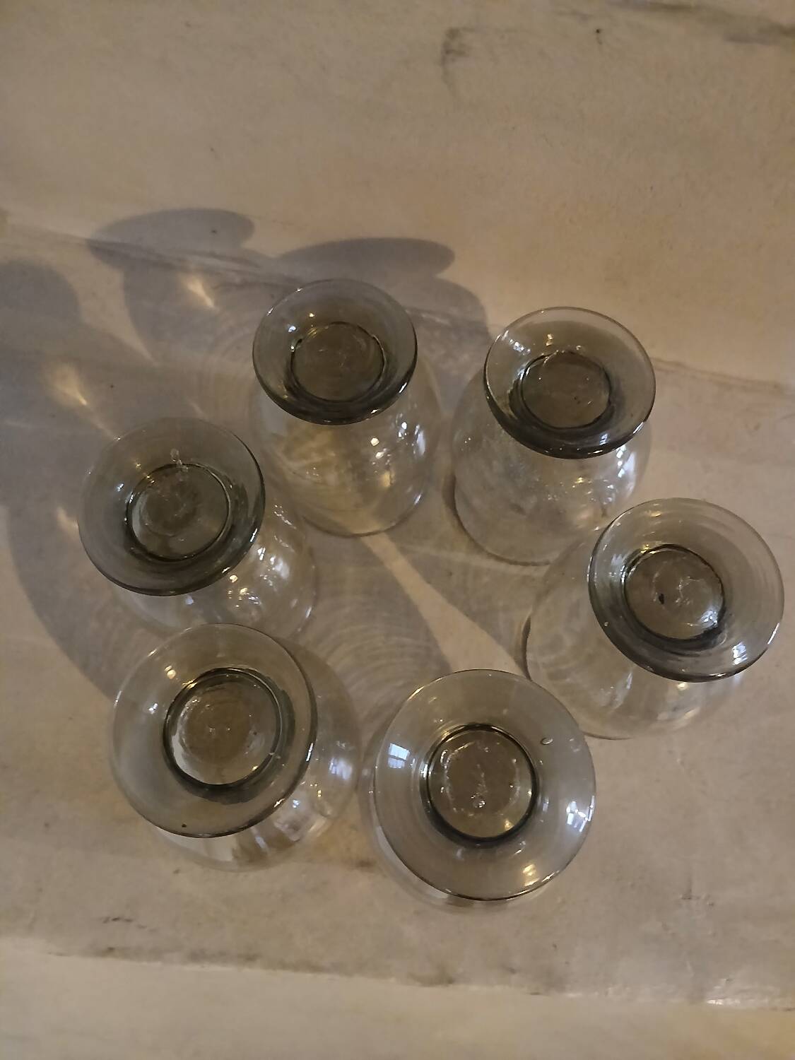 6 old smoked glasses with bubbles
