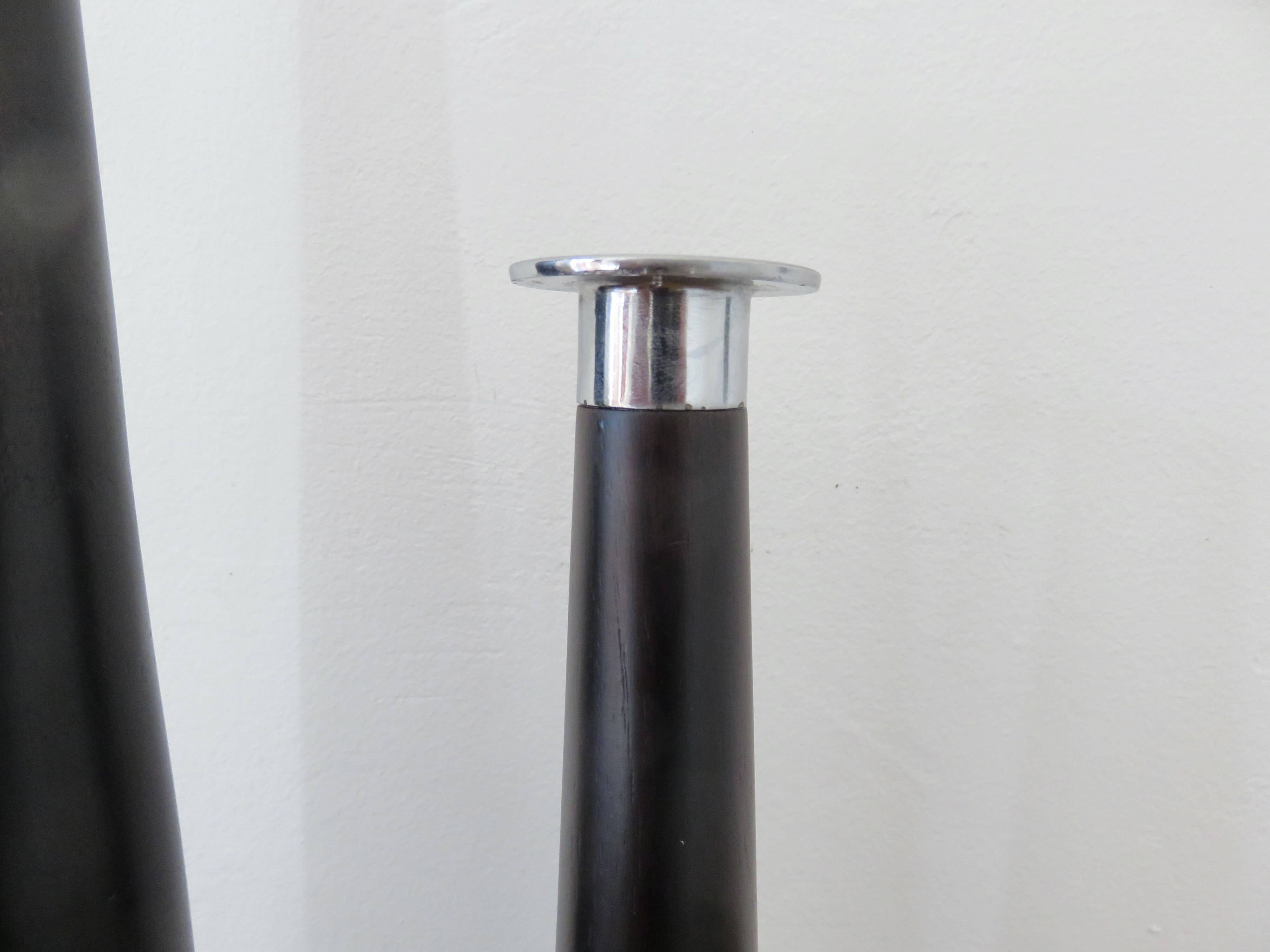 Pair of designer candlesticks, XXL, tapered, teak and chrome metal, 1980s