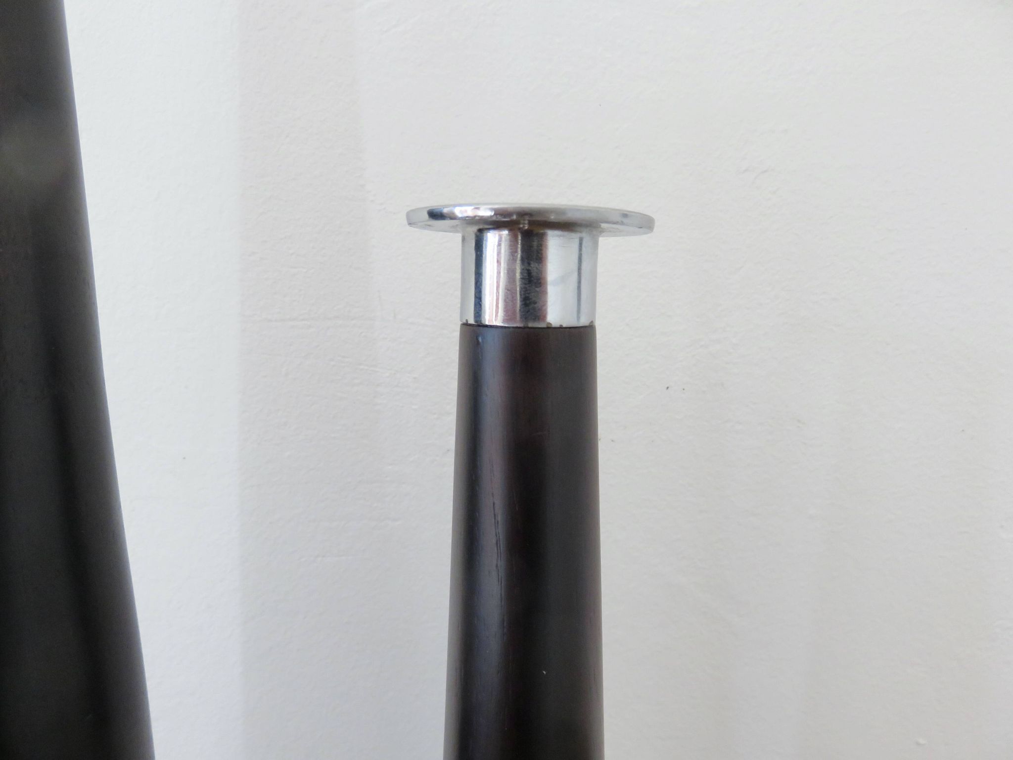 Pair of designer candlesticks, XXL, tapered, teak and chrome metal, 1980s