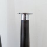Pair of designer candlesticks, XXL, tapered, teak and chrome metal, 1980s