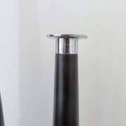 Pair of designer candlesticks, XXL, tapered, teak and chrome metal, 1980s