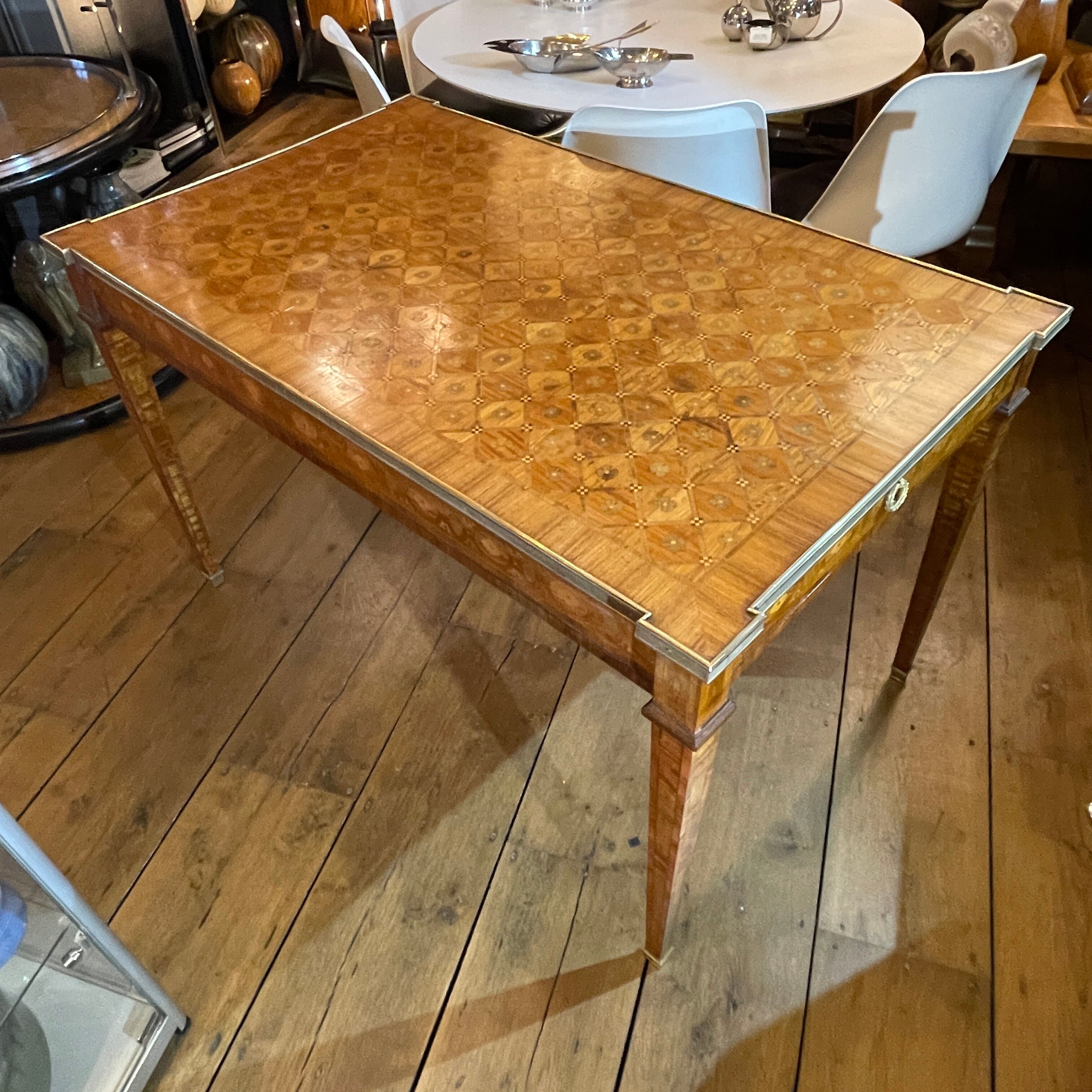 Louis XVI Directoire desk table richly inlaid, brass belt and 2 drawers, 19th century