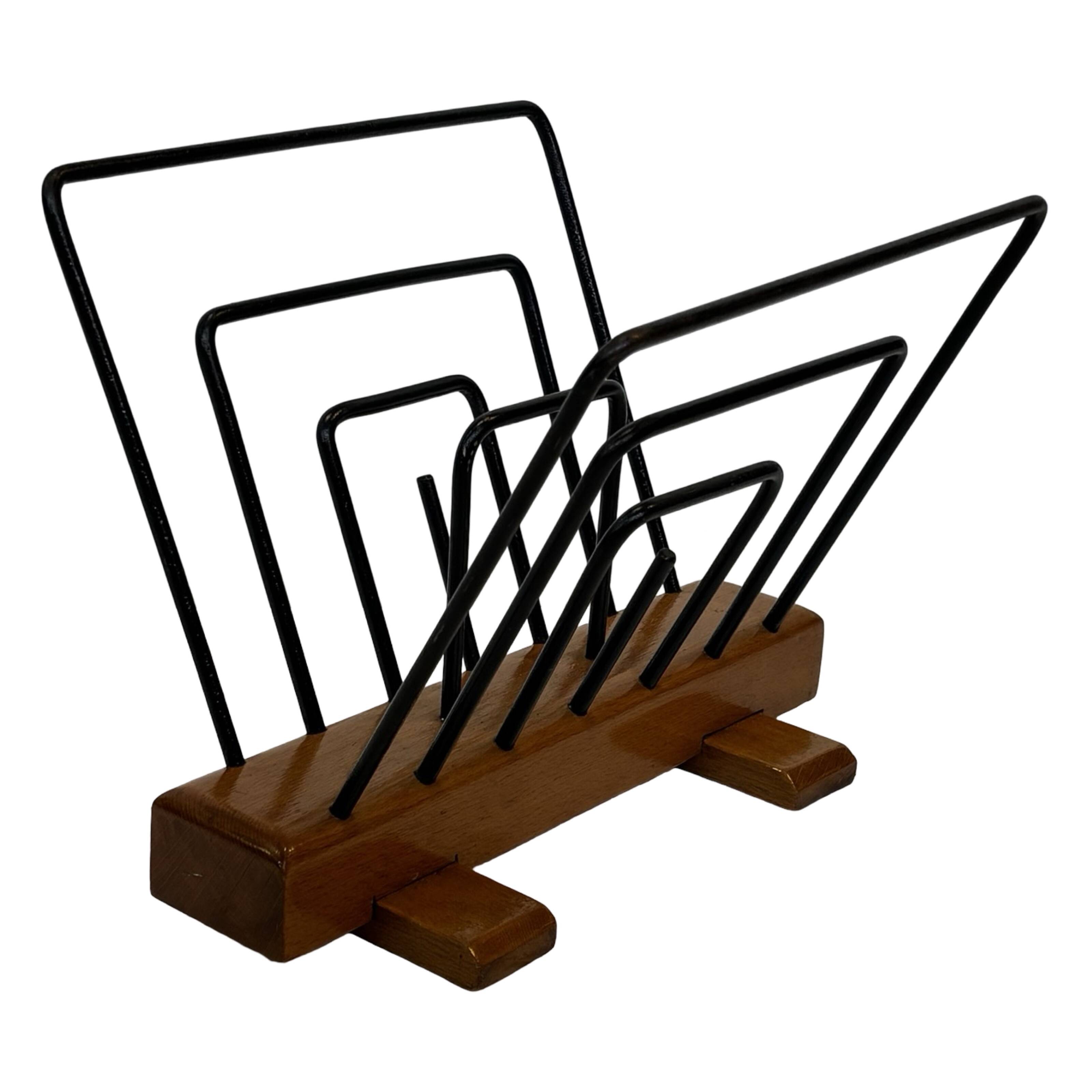 Vintage Reading Basket Steel Oak Magazine Rack 50's design