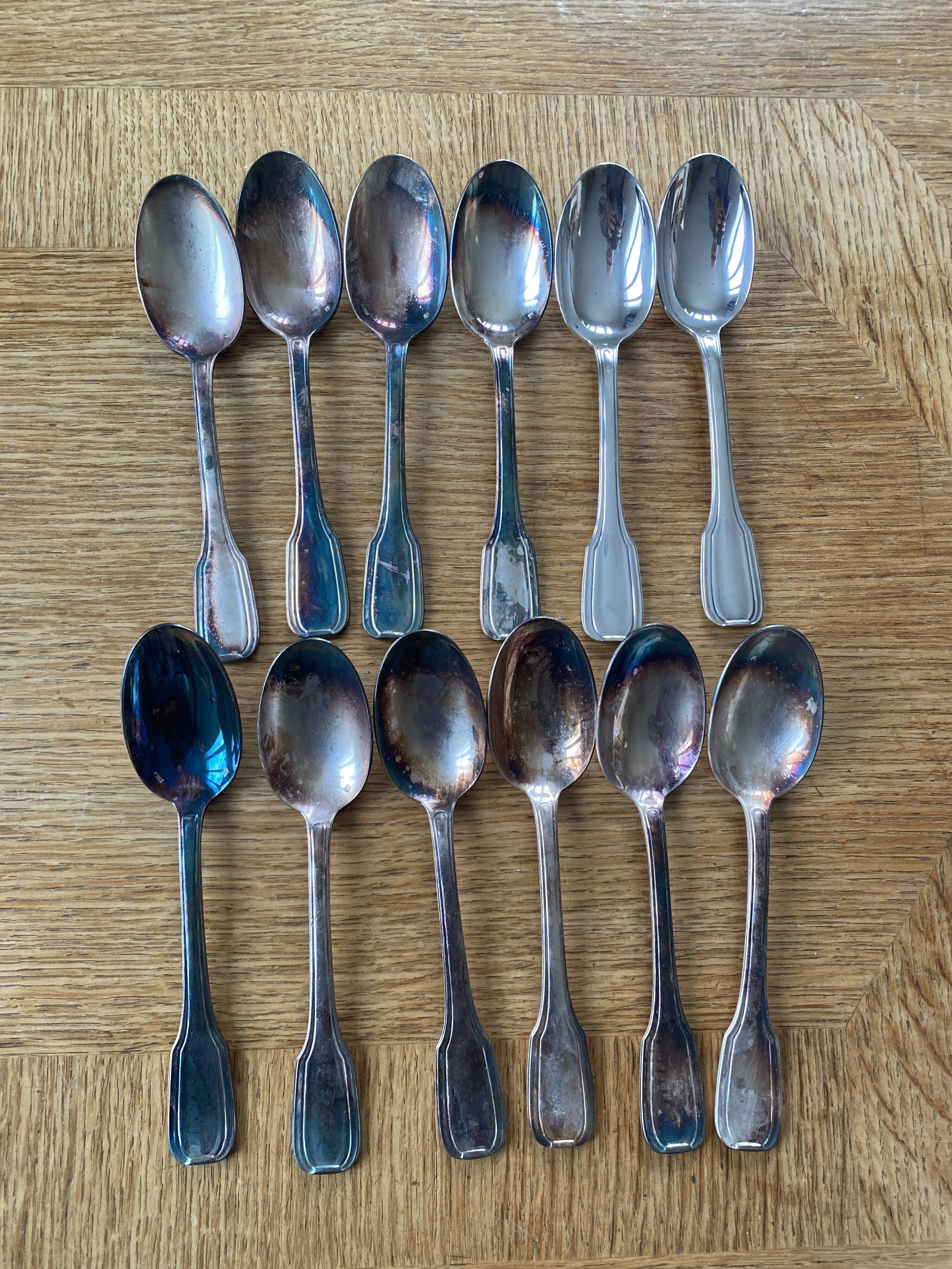 12 large silver plated art deco metal spoons
