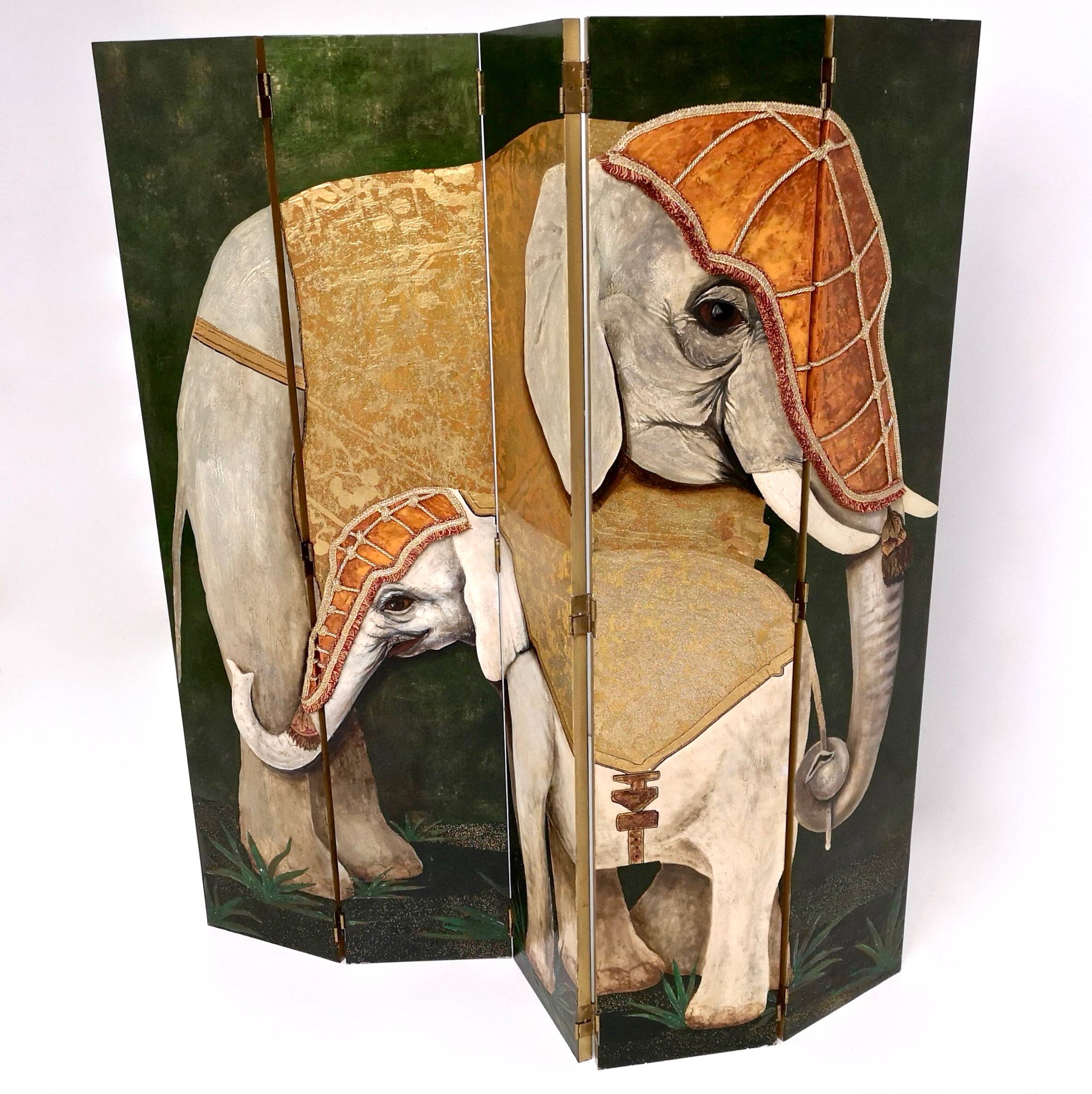 Postmodern five-panel room divider by doro with two asiatic elephants, italy