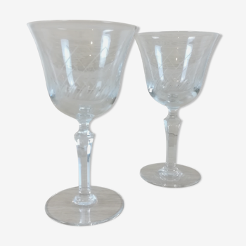 2 foot glasses fine engraved glass
