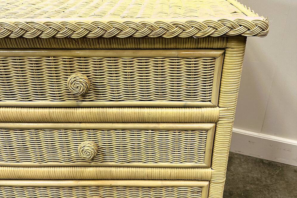 Mid-century pale yellow rattan and bamboo chest of drawers