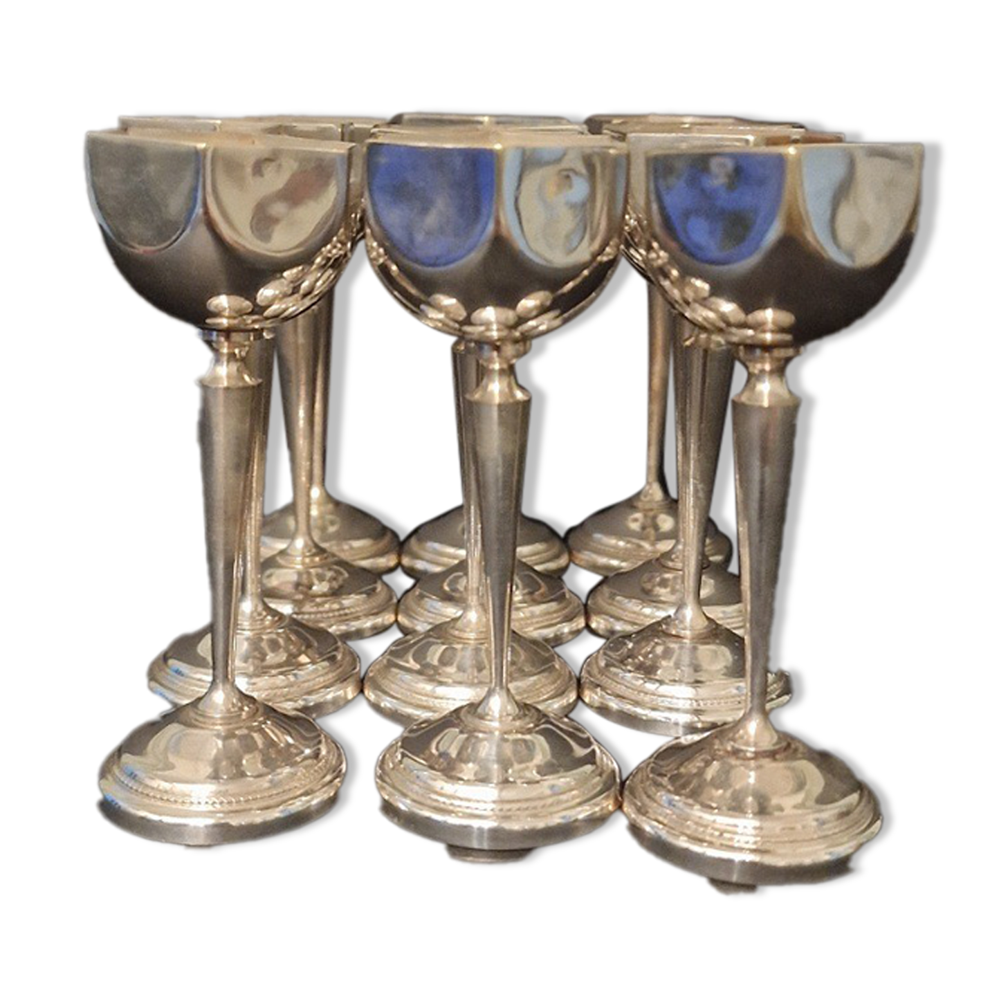 Vintage 12 silver metal shot glasses