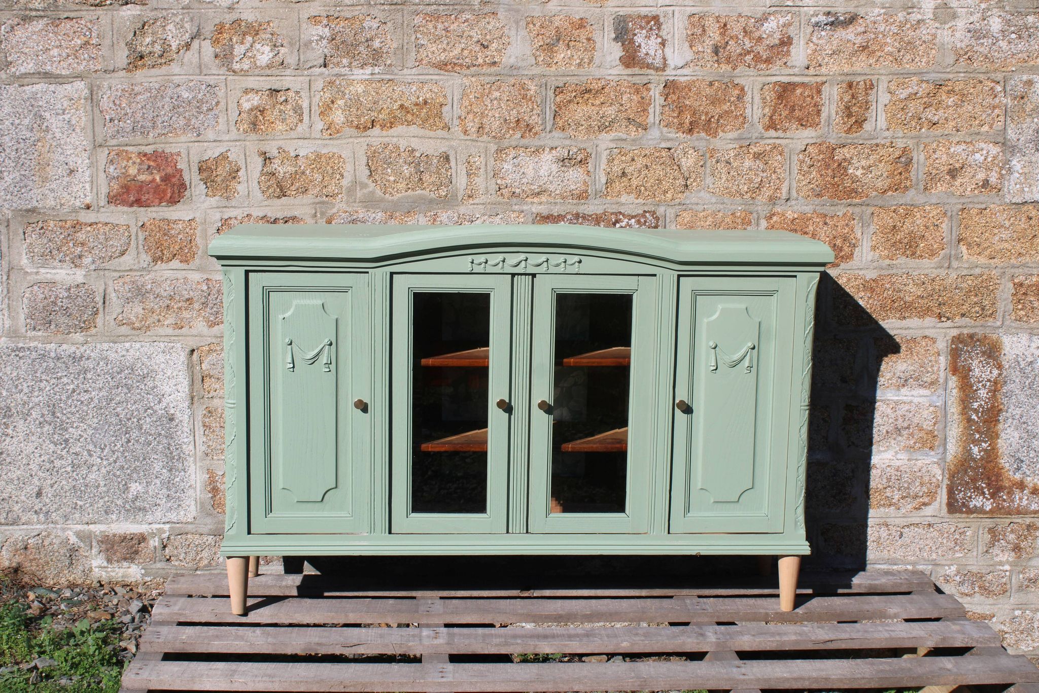 Renovated vintage sage green enfilade – wooden legs & bevelled display cabinets