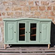 Renovated vintage sage green enfilade – wooden legs & bevelled display cabinets