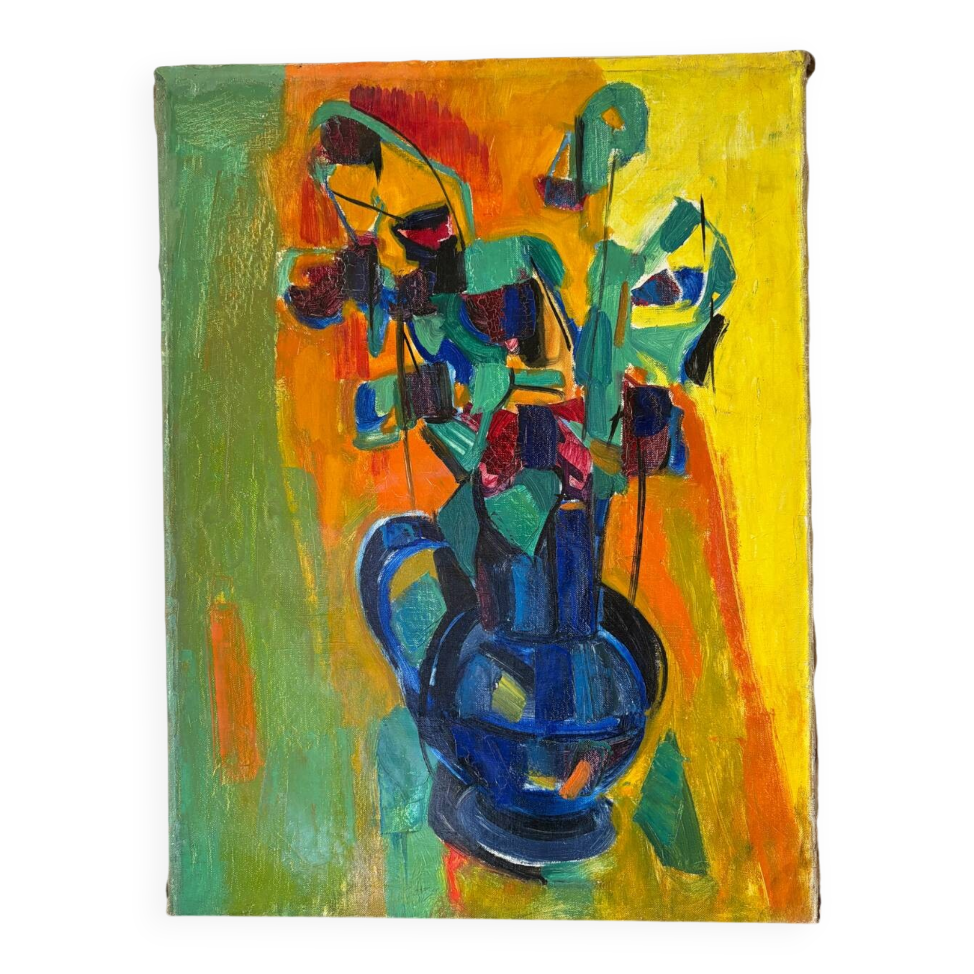 Bouquet of flowers in a blue vase, knife technique.