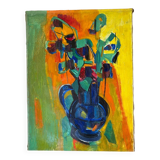 Bouquet of flowers in a blue vase, knife technique.