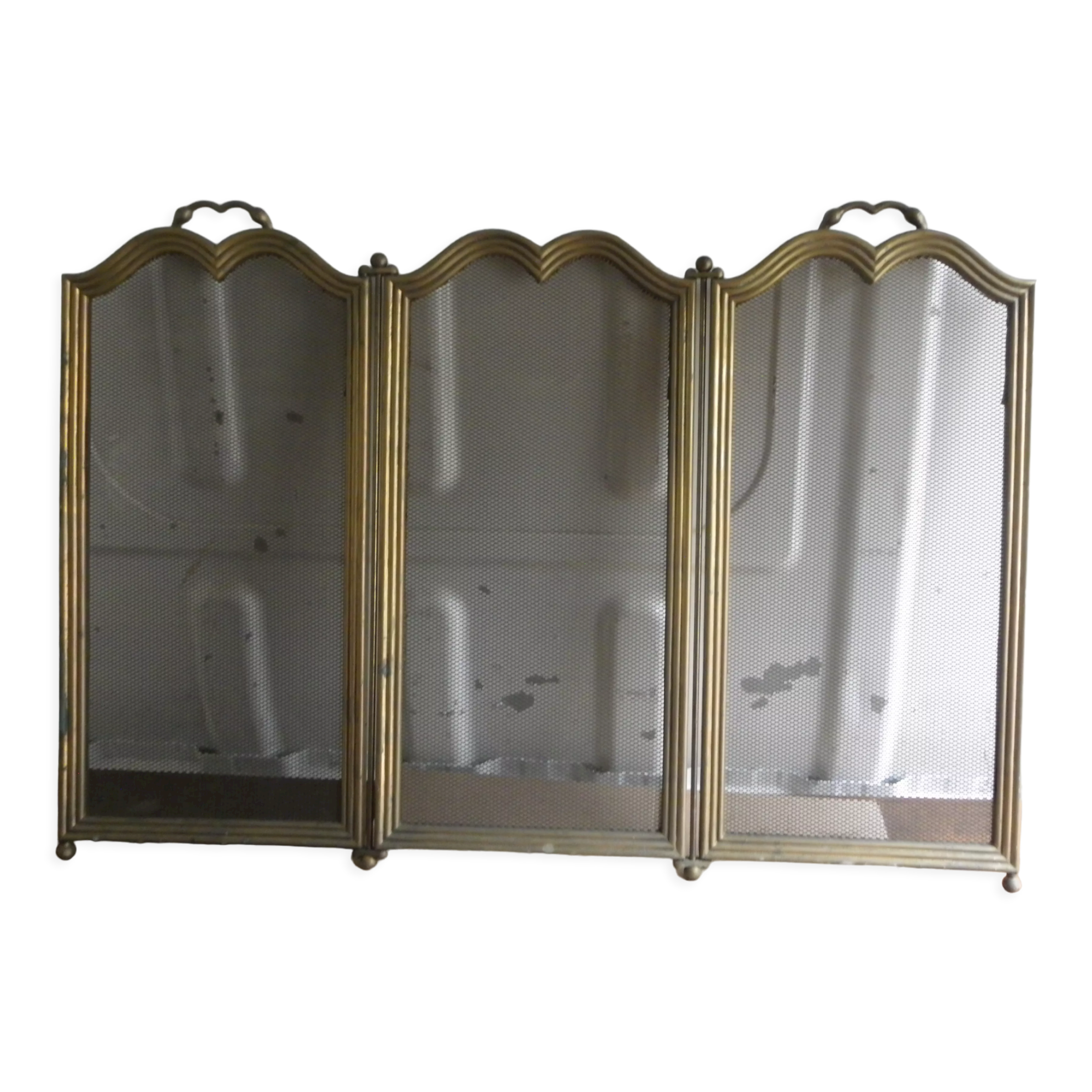 Vintage three-pane framed firewall & brass grille 75 x 52 cm 6 kg