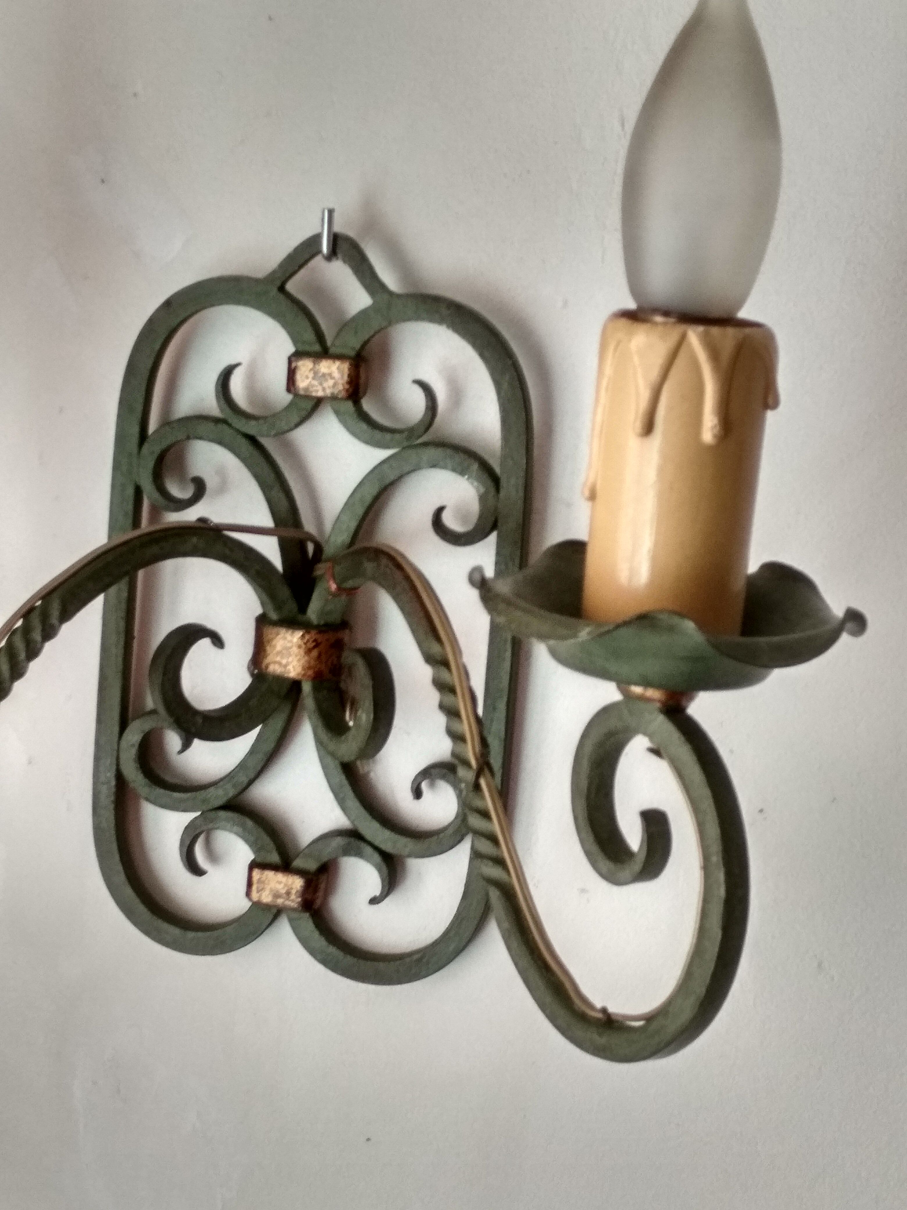 Pair of old wrought iron sconces patina green and gold - 2 lights